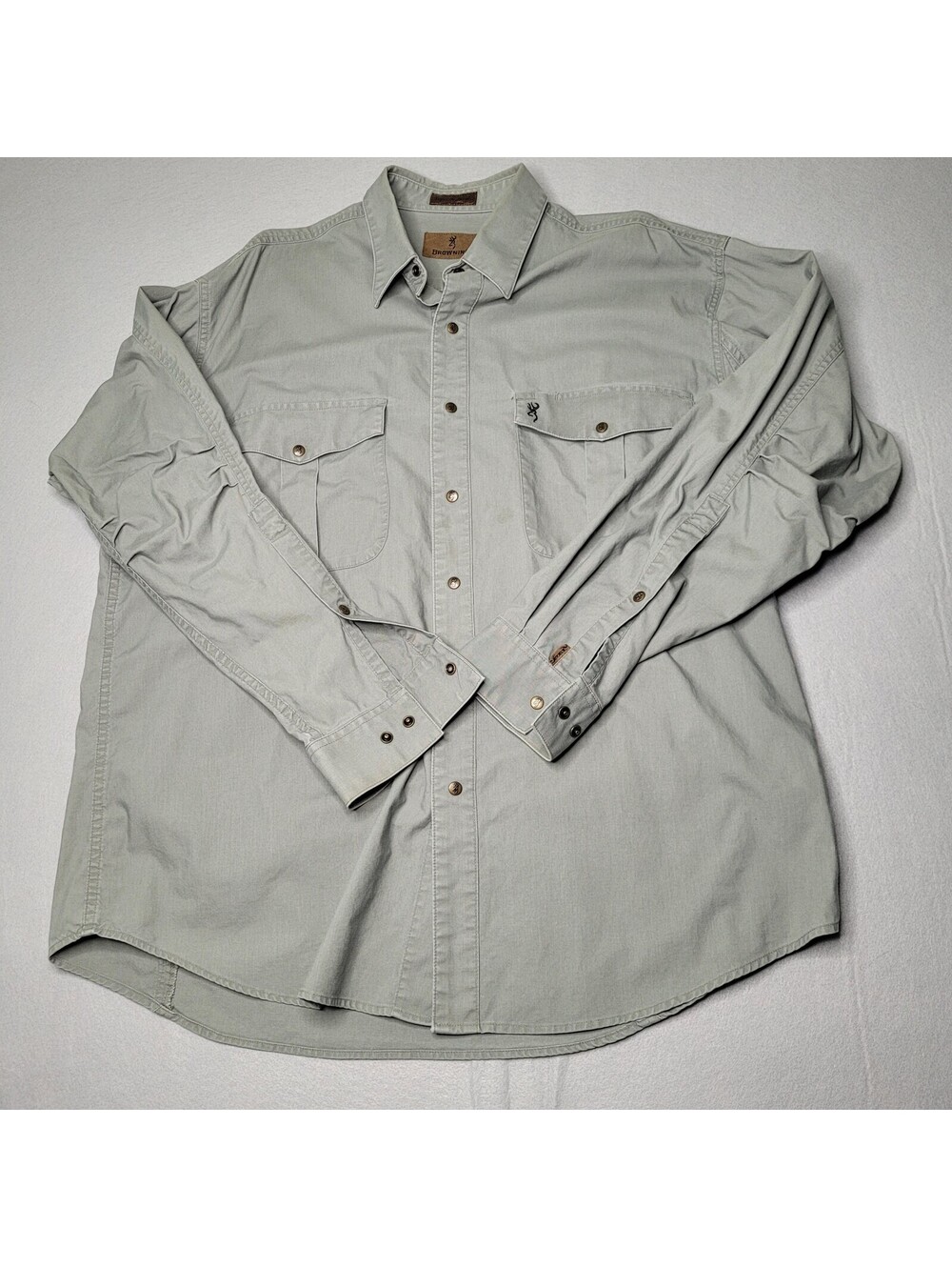 Browning Button Up Shirt Mens 2XL Gray Khaki Canvas Long Sleeve Hunting Fishing